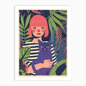 Girl With Cat In The Jungle Art Print