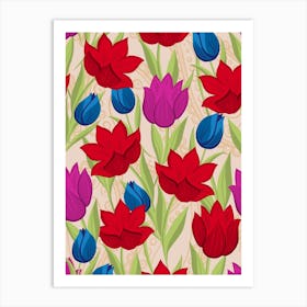 Red Stylised Floral In Beige Art Print
