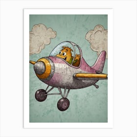 Cartoon Teddy Bear Flying Airplane Art Print