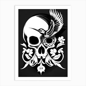 Skull With Bird Motifs Black And White Pop Art Art Print