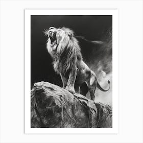 African Lion Charcoal Drawing Roaring On A Cliff 2 Art Print