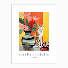 Cats & Flowers Collection Orchid Flower Vase And A Cat, A Painting In The Style Of Matisse 2 Art Print