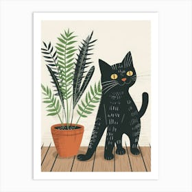 Black Cat With Plant Art Print