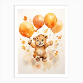 Lion Flying With Autumn Fall Pumpkins And Balloons Watercolour Nursery 3 Art Print