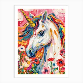 Floral Folky Unicorn Portrait Fauvism Inspired 1 Art Print