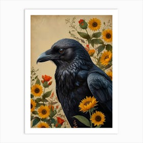 Crow And Sunflowers Art Print