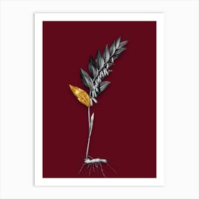 Vintage Angular Solomons Seal Black and White Gold Leaf Floral Art on Burgundy Red n.0265 Art Print