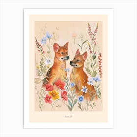 Folksy Floral Animal Drawing Dingo Poster Art Print