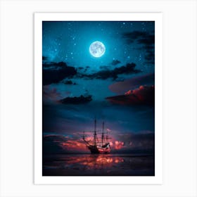 Sparrow Boat And Full Moon 1 Art Print