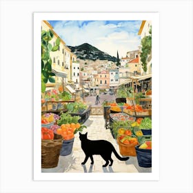 Food Market With Cats In Amalfi 2 Watercolour Art Print