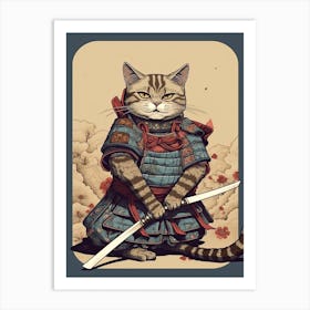 Cute Samurai Cat In The Style Of William Morris 10 Art Print