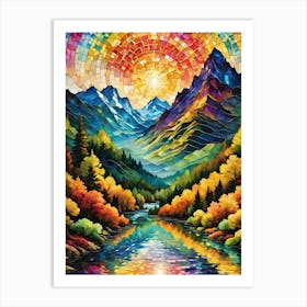 Underneath a Rainbow Sky ~ Stained Glass and Mosaic Colorful Landscape of Mountains, Sunshine, Trees and Lake Art Print