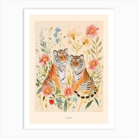Folksy Floral Animal Drawing Tiger 8 Poster Art Print