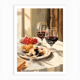 Atutumn Dinner Table With Cheese, Wine And Pears, Illustration 5 Art Print