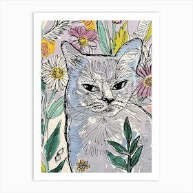 Cute Grey Cat With Flowers Illustration 4 Art Print