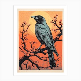 Vintage Bird Linocut Raven 3 Art Print