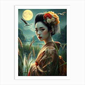 Geisha In Moor Night Art Print