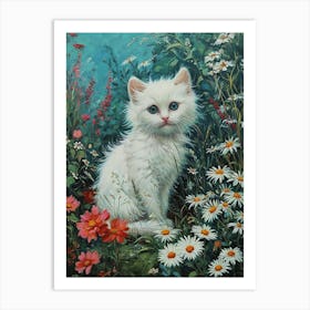 White Kitten In Field Of Daisies Rococo Inspired 3 Art Print