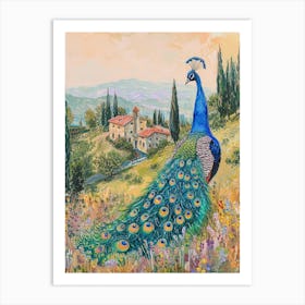 Peacock In The Meadow With A Country House In The Background Art Print