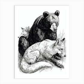 Malayan Sun Bear And A Fox Ink Illustration 4 Art Print