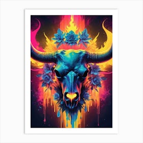 Floral Bull Skull Neon Iridescent Painting (22) Art Print