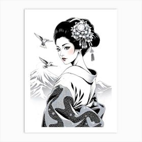 Geisha With Birds - Black And White Illustration Art Print