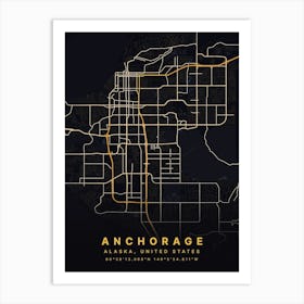 Anchorage Alaska USA Black And Gold Map Art Print