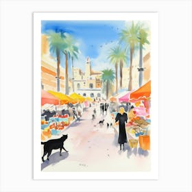 Food Market With Cats In Malaga 3 Watercolour Art Print