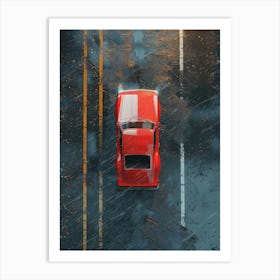 Red Car On The Road In Rain Art Print