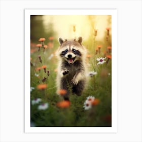 Cute Funny Crab Eating Raccoon Running On A Field 2 Art Print