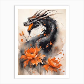 Japanese Dragon Abstract Flowers Painting (1) Art Print
