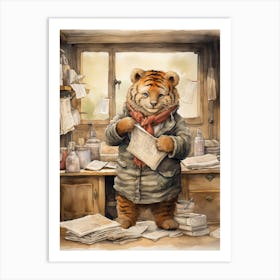 Tiger Illustration Collecting Stamps Watercolour 1 Art Print