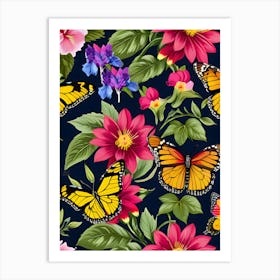 Seamless Pattern With Butterflies And Flowers 4 Art Print