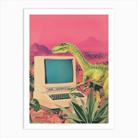 Dinosaur At A Computer Retro Collage 3 Art Print