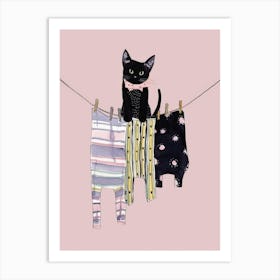 Black Cat On Clothesline Art Print