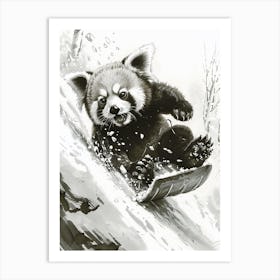 Red Panda Cub Sledding Down A Snowy Hill Ink Illustration 1 Art Print