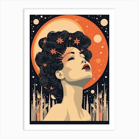 Orange Ethereal Face And Moon 2 Art Print