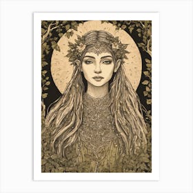 Lireth Wood Elf - Nature Ivy Spirit Lord of the Rings Inspired Copper Elf - Elven Pagan Botanical Witch Feature Wall Medieval Gothic Line Art Folk HD Art Print