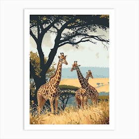 Herd Of Giraffes Resting Under The Tree Modern Illiustration 6 Art Print