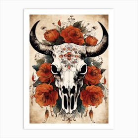 Vintage Boho Bull Skull Flowers Painting (25) Art Print