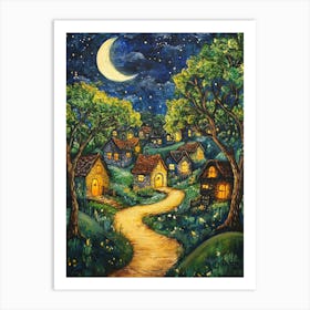 Village At Night With Stars and Moon In The Sky 5 Art Print