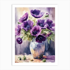 Purple Anemones In A Vase #1 Art Print