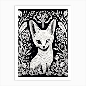 Linocut Fox Illustration Black 17 Art Print