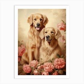 Golden Retriever And Roses Art Print