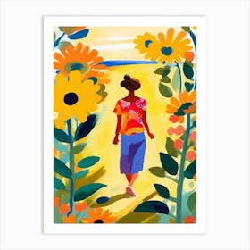 Walking in a field of sunflowers Art Print