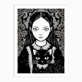 Wednesday Addams And A Cat Line Art Noveau 4 Fan Art Art Print