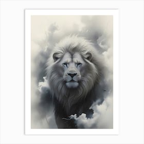 A majestic white lion with flowing, voluminous mane, set against a misty, ethereal background. Art Print