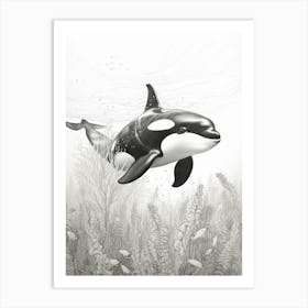 Underwater Realistic Grey Pencil Drawing Of Orca Whale Art Print