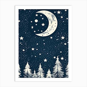 Moon And Stars Trees Forest Art Print