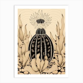 B&W Cactus Illustration Barrel Cactus 2 Art Print